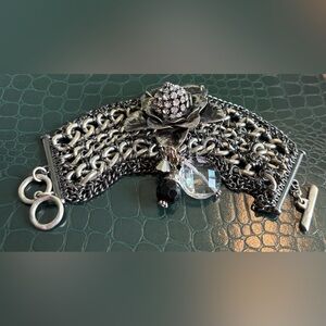 Gunmetal Chain Statement Bracelet with Crystal Flower Charm
